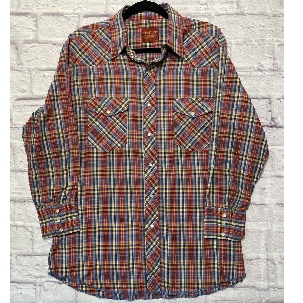 Rustler Western Shirt Mens‎ Large Tall Multicolor Plaid Pearl Snap Long Tail